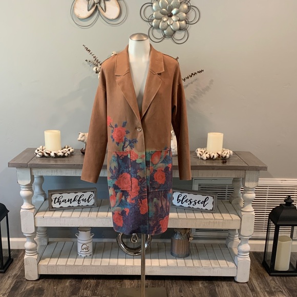 Carre Noir Jackets & Blazers - Floral Tan Jacket with Red and Blue Accents